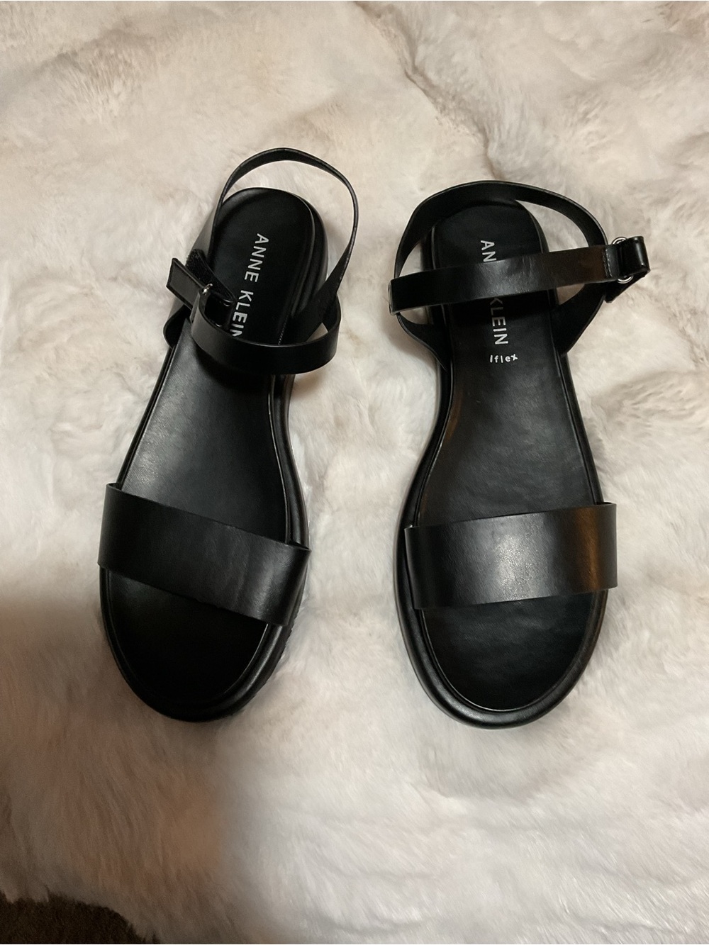 NEW Anne Klein Black Leather Ankle-Strap Flat Sandals Size 11